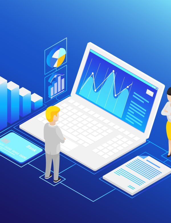 Isometric financial analysis. Employee reporting to boss. Computer, charts, paper, credit card. Finance management concept. Infographic isometric vector illustration on bright blue background