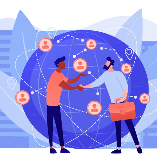 Successful partnership negotiation, partners handshaking. International business, global business collaboration, international teamwork concept. Pinkish coral bluevector isolated illustration